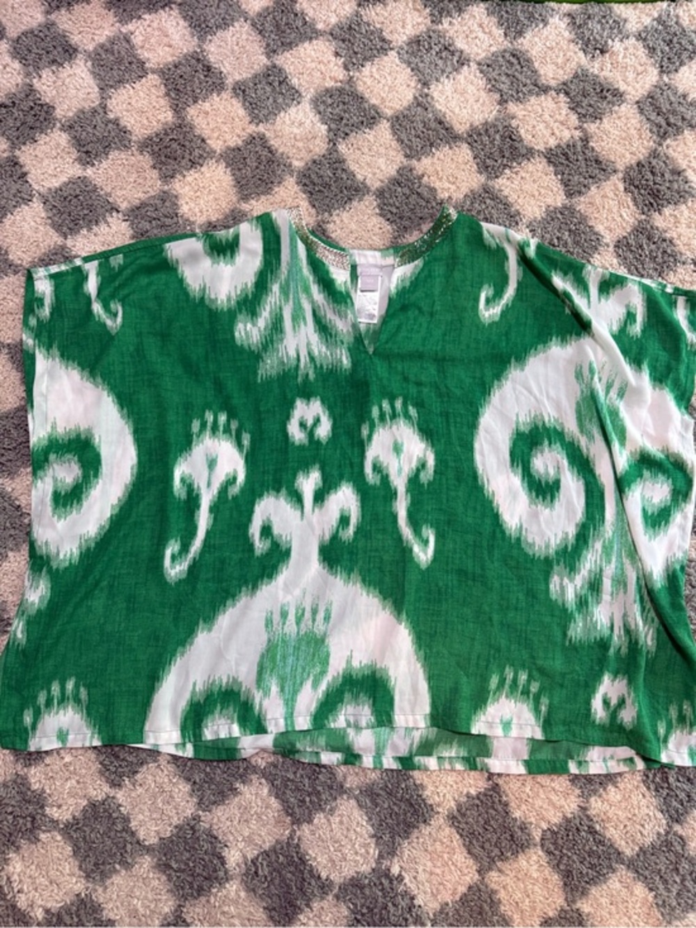 Chico’s green & white oversized bead embellished tunic v-cut neck poncho summer